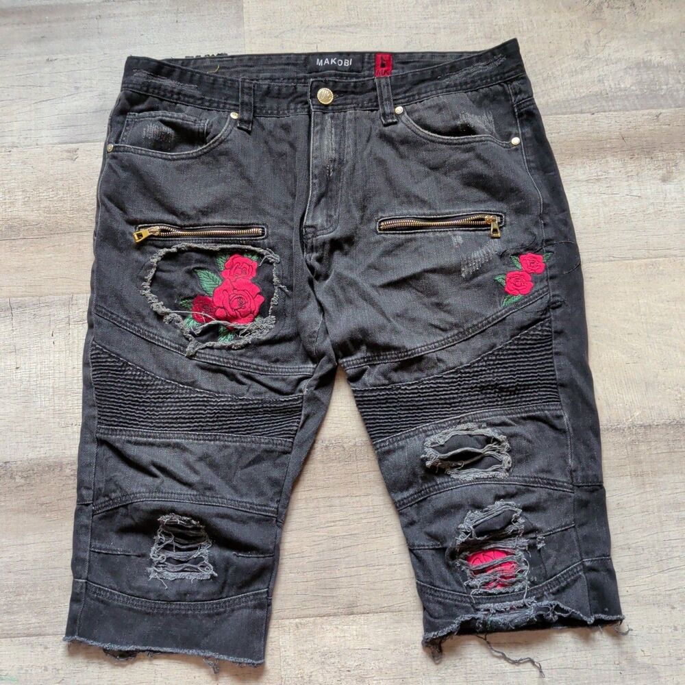 ​Makobi Men's Black Denim Moto Biker Jeans Size 38x32 Embroidered Roses Distress